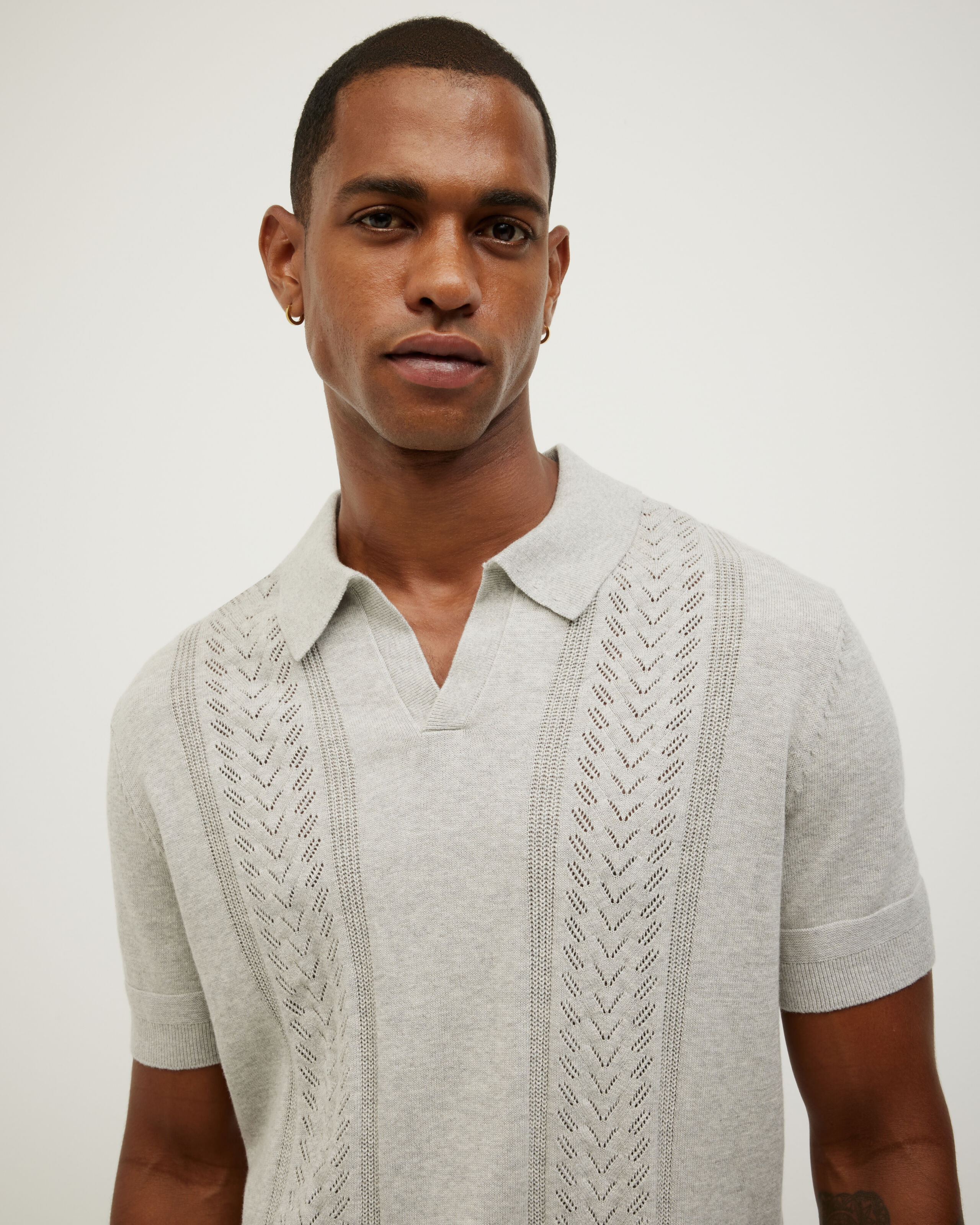 Pointelle Panelled Trophy Neck Knit - Grey Marle - Pointelle